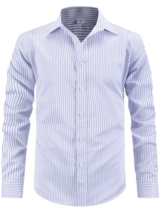 Détail d'une chemise à rayures bleues et blanches avec col pointu et rayures horizontales
