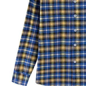 Men's outdoor casual long sleeve plaid shirt in blue and yellow checkered pattern
