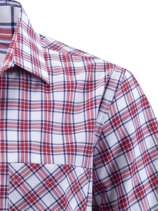 Detail of red and blue checkered shirt showing the collar and chest pocket stitching