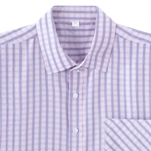 Men's light purple plaid short sleeve shirt with chest pocket and lapel collar