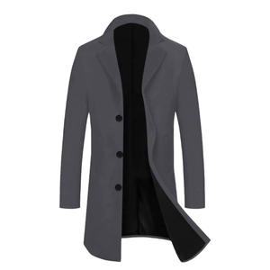 Classic dark grey men's mid-length wool coat with single-breasted buttons and lapel collar