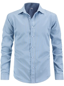 Détail d'une chemise à manches longues rayée bleu et blanc avec col classique et taille US M