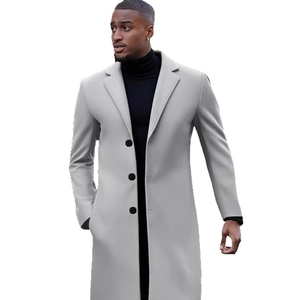 Elegant men's slim fit long wool coat in light grey with a classic single-breasted design