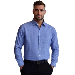 Men's blue plaid long-sleeved button-down shirt with chest pocket and lapel collar