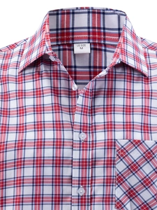 Detail of classic red white and blue checkered shirt collar with US size M tag