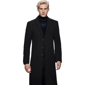 Slim fit men's long black wool coat with stylish gold metal buttons and notched lapel