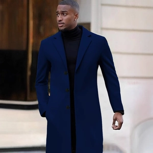 Navy blue wool coat for men with three-button closure and classic notched lapels