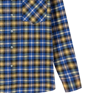Mens long sleeve plaid shirt in blue and yellow check pattern with front chest pocket