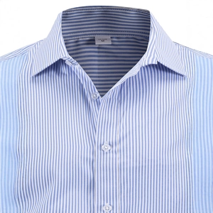 Men's blue striped dress shirt with classic turn-down collar and slim fit tailoring