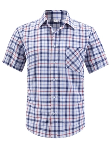 Detail of the plaid pattern and button-down collar on this men's casual short sleeve shirt