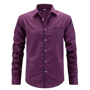 Men's business casual long-sleeved plaid shirt with red and blue checkered pattern