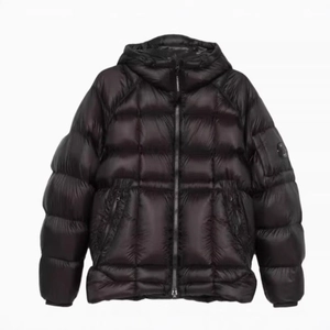 Glossy dark purple hooded puffer jacket with quilted square patterns and lens sleeve pocket