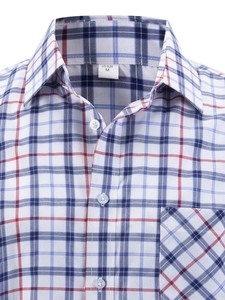 Detail of plaid shirt collar with blue, white, and red checks and a functional chest pocket