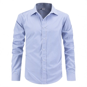 Men's blue and white vertical striped long sleeve slim fit button down shirt with lapel