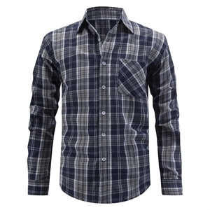 Classic men's long sleeve plaid shirt in dark blue and grey with front pocket and white buttons