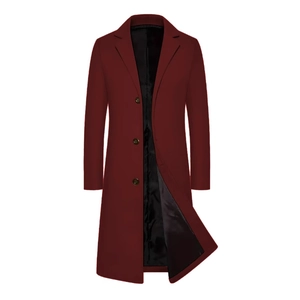 Elegante cappotto lungo da uomo in lana bordeaux con revers classici e vestibilità slim fit