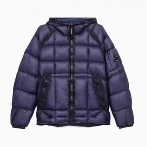 Men's navy quilted puffer jacket with hood and iconic sleeve lens detail on white background