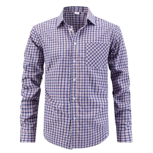 Classic men's blue and orange plaid long sleeve dress shirt with a front chest pocket