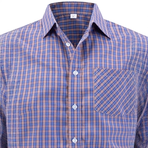 Men's US size plaid long sleeve shirt in blue and brown with front pocket detail