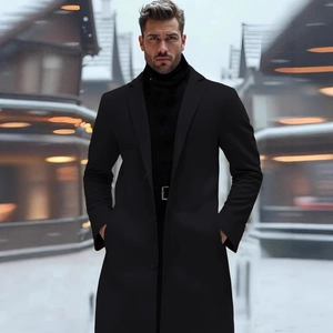 Cappotto lungo in lana nero da uomo con revers classico e chiusura monopetto