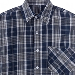 Men's classic long-sleeved plaid shirt in navy and grey with a single chest pocket