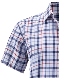 Detailed close-up of blue and red plaid pattern on men's cotton business casual shirt