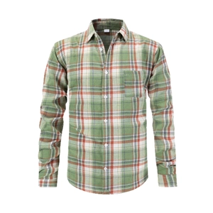 Chemise à manches longues en flanelle rayée verte et orange pour homme, style décontracté