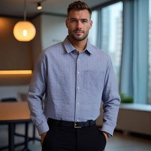 Men's blue-grey long sleeve business casual shirt with plaid texture and chest pocket