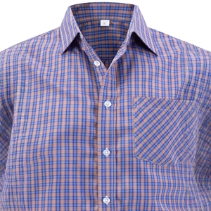 Men's casual blue and brown plaid button-down shirt with a front pocket and classic collar