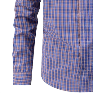 Men's business casual long-sleeve plaid shirt featuring blue and orange checkered pattern