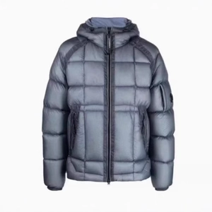 Unisex FW24 dark metallic hooded quilted puffer jacket with signature lens sleeve pocket