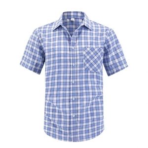 Classic blue and white plaid short sleeve shirt for men with front pocket and buttons