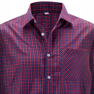 Men's business casual long-sleeve plaid shirt in red and blue with front chest pocket