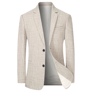 Men's slim fit casual blazer jacket in khaki with linen texture and two-button closure