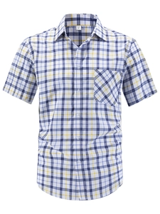 Detail of classic blue and yellow plaid men's short sleeve shirt with chest pocket