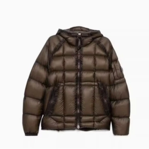 Dark brown quilted hooded winter jacket with full zip and classic puffer style for unisex