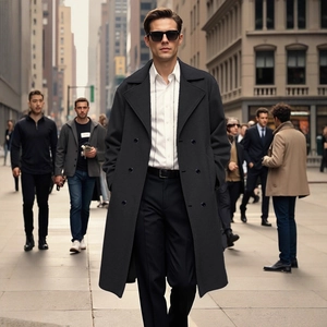 Men's dark grey double-breasted wool overcoat in a stylish urban street setting
