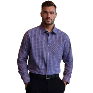 Men's business casual long sleeve plaid shirt with unique chest pocket and blue orange pattern