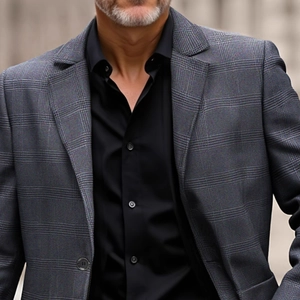 Men's dark grey plaid casual blazer jacket with classic single-breasted button design