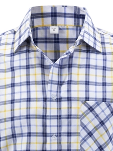 Detail of classic blue and yellow plaid shirt collar with US size M tag visible
