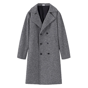 Classic men's double-breasted grey wool blend mid-length pea coat with lapel collar