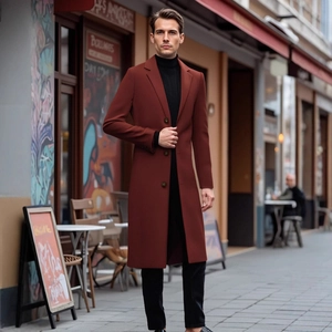 Classic British style men's long wool trench coat in rust red with a slim fit design