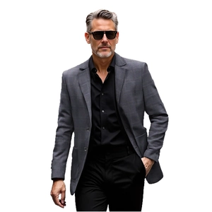 Men's grey plaid business casual suit jacket with single-breasted lapel design