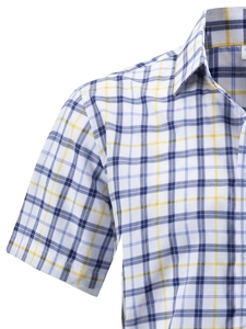 Close-up of the breathable cotton plaid fabric showing blue and yellow check patterns