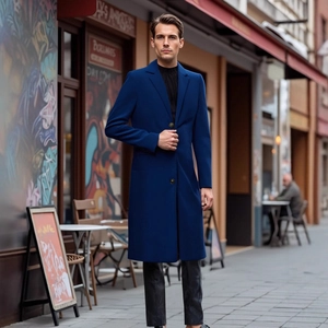 Elegant men's royal blue wool coat in long classic business style for winter