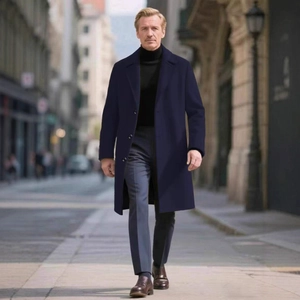 Men's classic slim fit navy wool blend overcoat with notched lapels and single breasted buttons