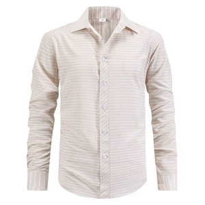 Men's business casual long sleeve shirt with beige and white horizontal stripes