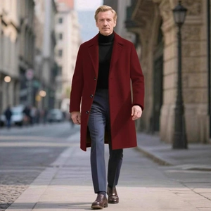 Classic burgundy men's mid-length wool coat with notch lapels and slim fit design