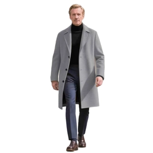 Classic grey wool blend mid-length coat for men with notched lapel and three-button closure