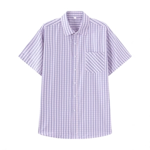 Men's purple plaid short sleeve shirt featuring a lapel collar and single chest pocket